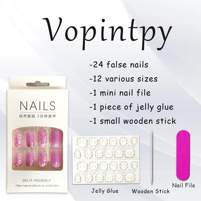 Vopintpy White Flower French Tip Press on Nails Square Medium Length Fake Nails Pink Gradient False Nails with Glitter Design Glossy Full Cover Artificial Nails Reusable Stick on Nails Glue on Nails for Women - Image 5